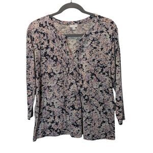 J. Jill Women's Sz XL Blue Pink Floral Split Neckline Modal Blouse Top Soft
